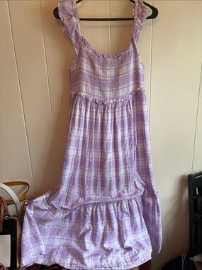 Lavender Plaid Maxi Dress with Smocked Bodice